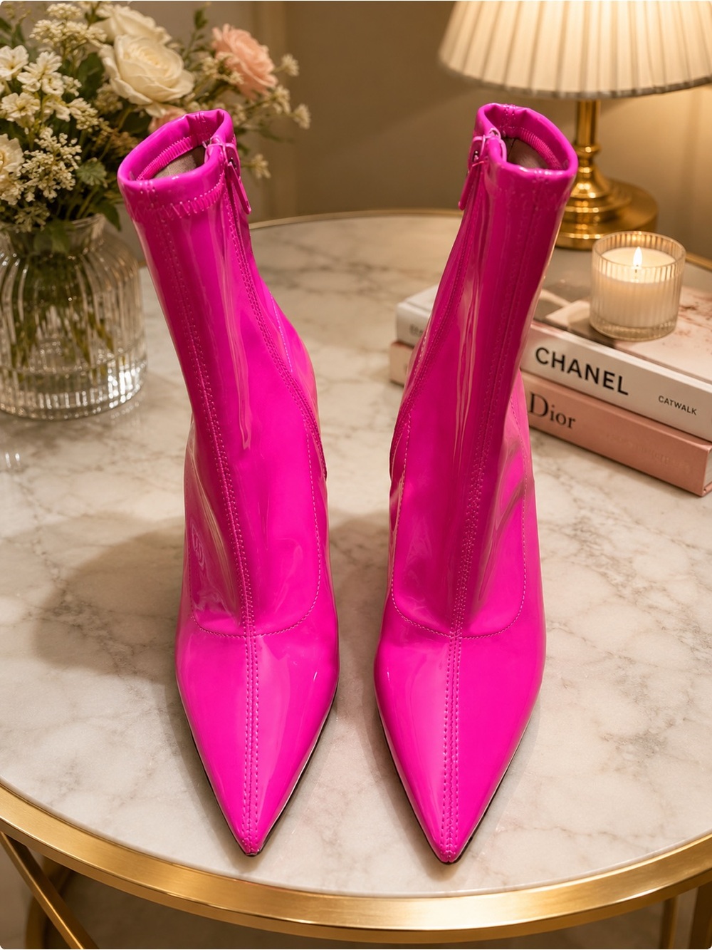 Wild Pair Neon Pink Patent Pointed Toe Ankle Booties